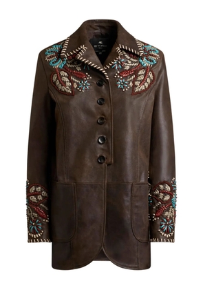 ETRO paisley-embroidered leather jacket - Brown