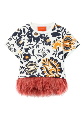 La DoubleJ La Scala feather-trimmed floral-print T-shirt - White