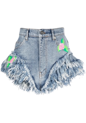 Natasha Zinko rose-print frilled denim shorts - Blue