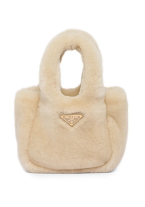 Prada mini triangle-logo shearling tote bag - Neutrals