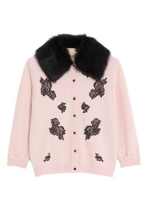Valentino Garavani lace-embellished shearling-collar cardigan - Pink