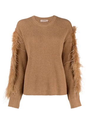 TWINSET feather-trim ribbed-knit jumper - Brown
