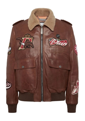 Philipp Plein embroidered leather jacket - Brown