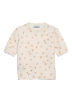 Prada floral-pattern wool T-shirt - Neutrals