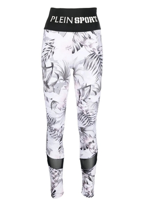Plein Sport logo-waistband floral-print leggings - White