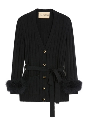 Valentino Garavani feather-cuff ribbed cardigan - Black