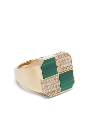 Yvonne Léon 9kt yellow gold Petit Damier diamond and malachite signet ring
