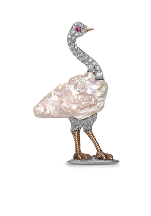 Pragnell Vintage 1901-1910 18kt yellow gold Edwardian pearl and diamond ostrich brooch - Silver