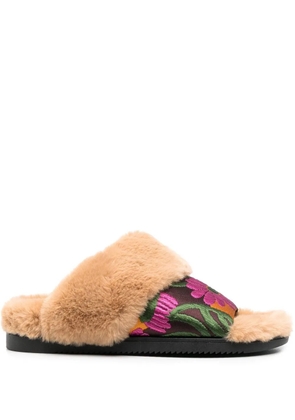 La DoubleJ faux-fur floral strap slides - Neutrals