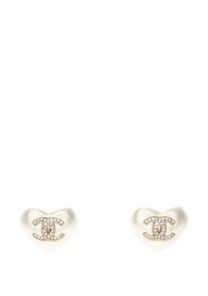 CHANEL Pre-Owned 2021 CC Gold Plated Faux Pearl and Rhinestone Heart Earrings costume earrings - White
