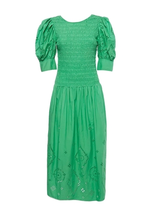 GANNI broderie-anglaise smocked midi dress - Green