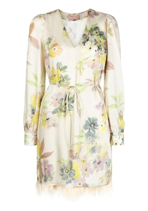 TWINSET floral-print feather-trim minidress - Neutrals