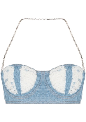 GCDS ribbed washed-denim crop top - Blue