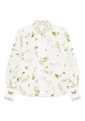 Camilla floral-print linen shirt - White