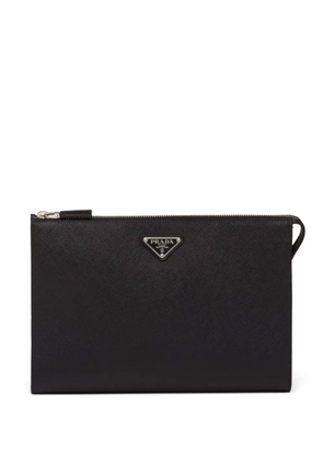 Prada Saffiano triangle-plaque clutch bag - Black