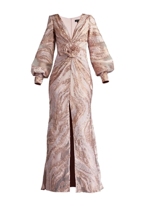 Tadashi Shoji Roselle Gilded rose-embellished swirl-print maxi dress - Pink