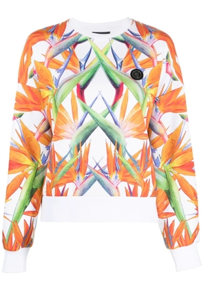 Plein Sport floral-print long-sleeved cropped sweatshirt - White