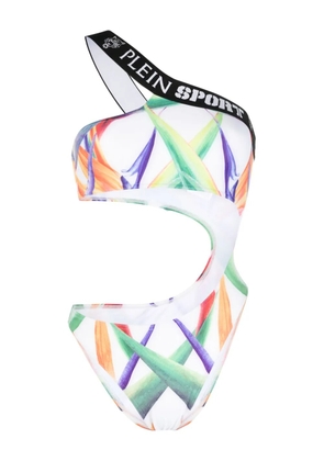 Plein Sport graphic-print one-shoulder swimsuit - White