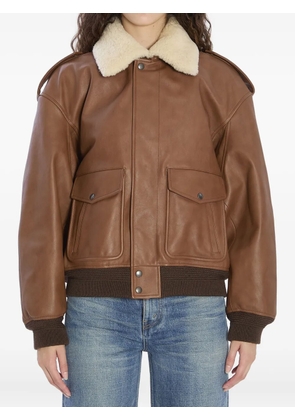 Saint Laurent shearling-collar ribbed bomber jacket - Brown