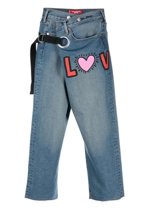 Junya Watanabe MAN graphic-print cropped denim trousers - Blue
