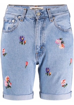 Semicouture Mathilde floral-embroidered denim shorts - Blue