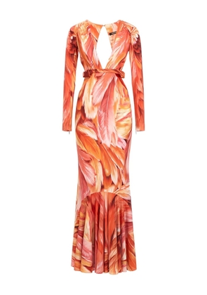 Roberto Cavalli feather-print cut-out maxi dress - Orange