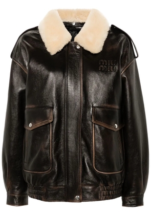 Miu Miu detachable-collar leather jacket - Brown