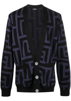 Balmain monogram-print V-neck cardigan - Blue