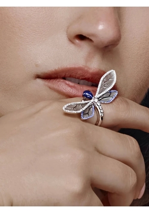 Jewels Aficionado 18K White Gold diamond blue sapphire dragonfly ring - Silver