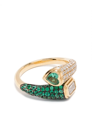 SHAY 18K yellow gold mixed bypass diamond and emerald pinky ring