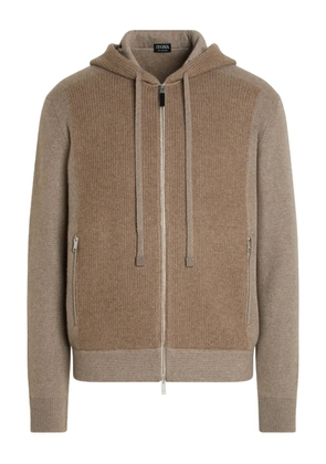 Zegna ribbed-panel zip-up hoodie - Brown