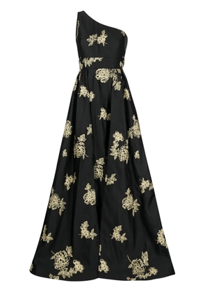 Marchesa Notte floral-embroidered one-shoulder gown - Black