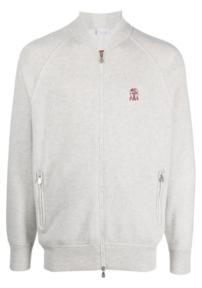 Brunello Cucinelli logo-embroidery cashmere cardigan - Grey