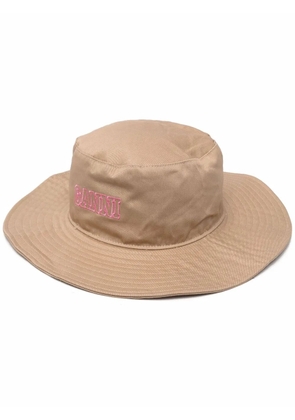 GANNI logo embroidered organic cotton sun hat - Brown