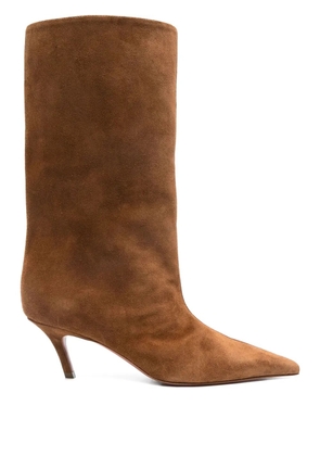 Amina Muaddi 60mm Fiona suede pointed-toe knee-high boots - Brown