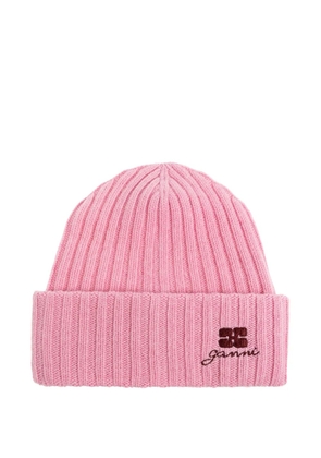 GANNI ribbed embroidered beanie - Pink