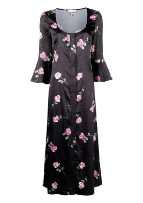 GANNI floral-print crinkled midi dress - Black