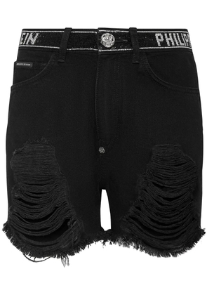 Philipp Plein crystal-embellished raw-cut denim shorts - Black