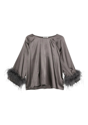 Max & Moi feather-trimmed stretch silk top - Grey