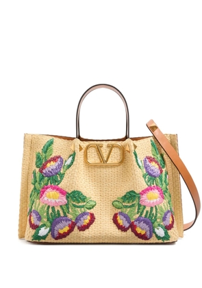 Valentino Garavani medium floral-embroidered tote bag - Neutrals