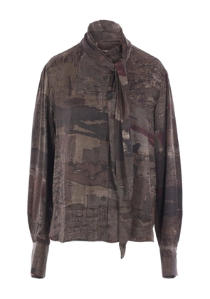 Ziggy Chen patchwork-print tie-neck shirt - Brown