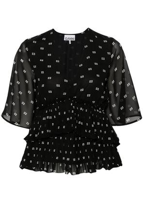 GANNI graphic-print V-neck pleated blouse - Black