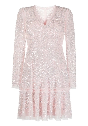 Needle & Thread sequinned long-sleeve skater dress - Pink