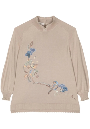 SHIATZY CHEN floral-embroidered split-neck jumper - Brown