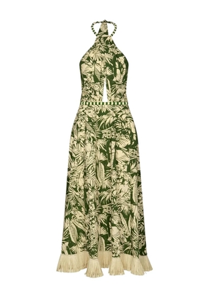 Johanna Ortiz halterneck fringed-hem midi dress - Green