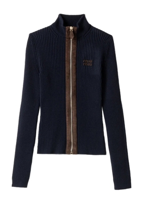 Miu Miu leather-trim ribbed zip-up cardigan - Blue