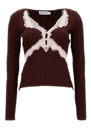 Self-Portrait lace-inserts V-neck T-shirt - Brown