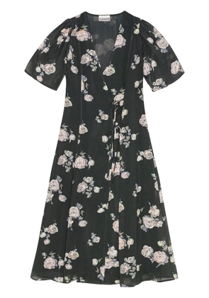GANNI floral-print crepe wrap midi dress - Black