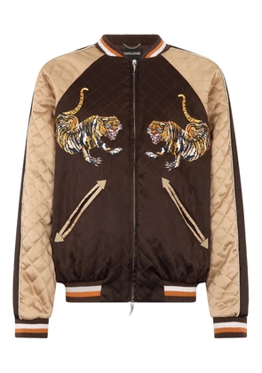 Roberto Cavalli tiger-embroidered quilted bomber jacket - Brown
