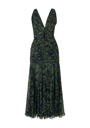 Carolina Herrera olive branch-print gathered midi dress - Blue